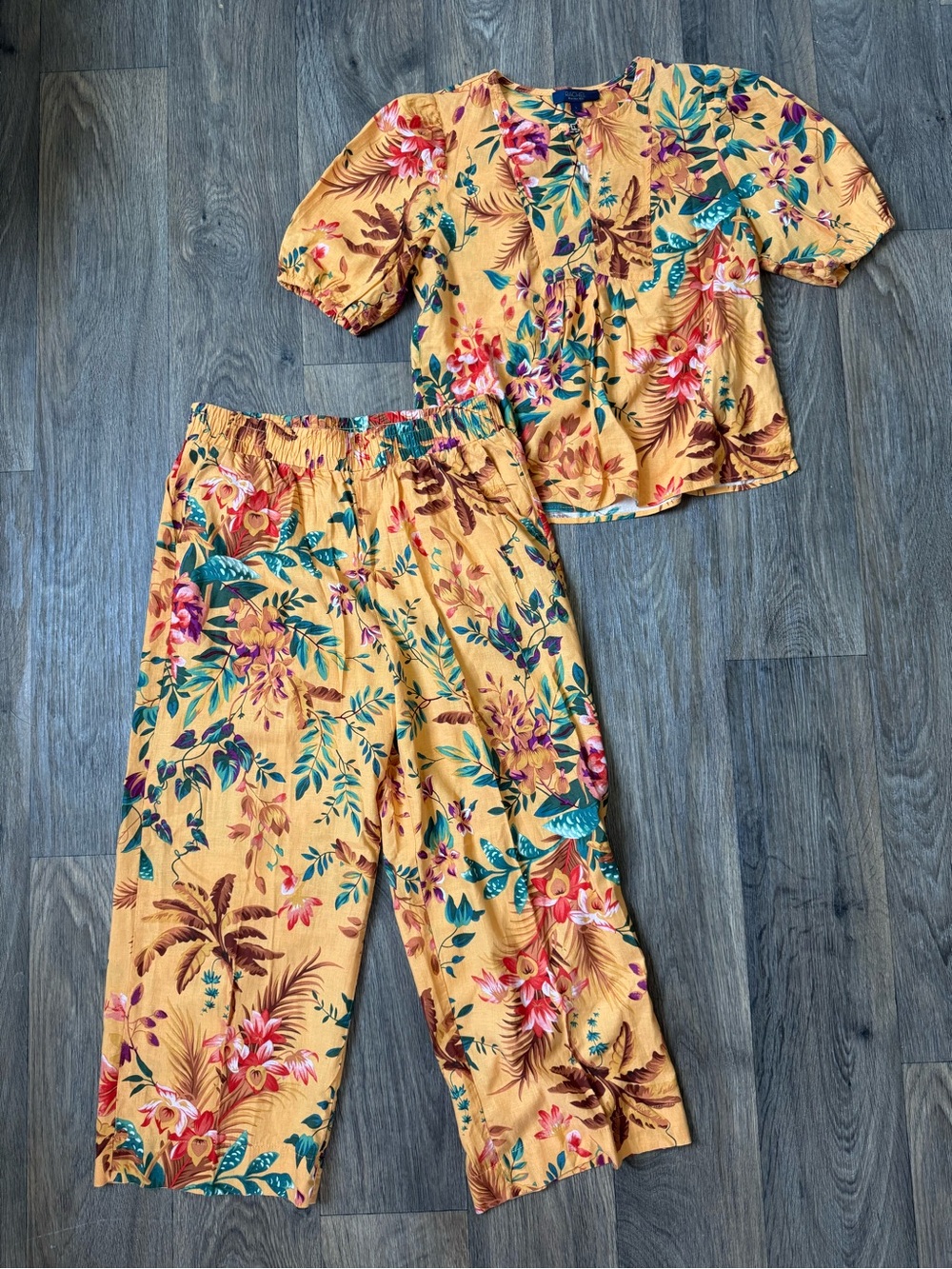 Rachel Roy Mustard Yellow Floral Linen Blend 2-piece Set Women’s L